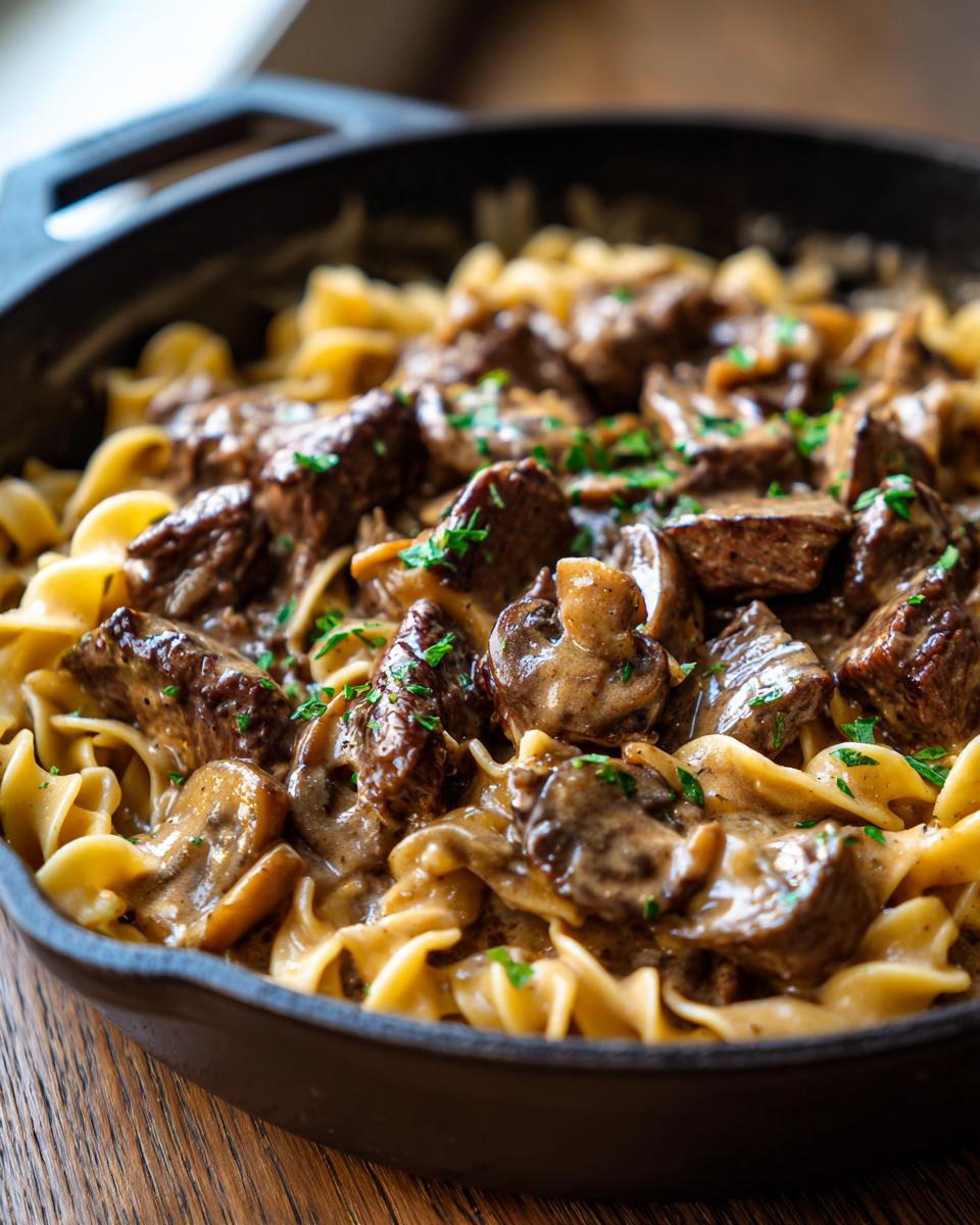 Close-up of a creamy beef stroganoff skillet meal with tender beef chunks, mushrooms, and egg noodles, garnished with parsley.