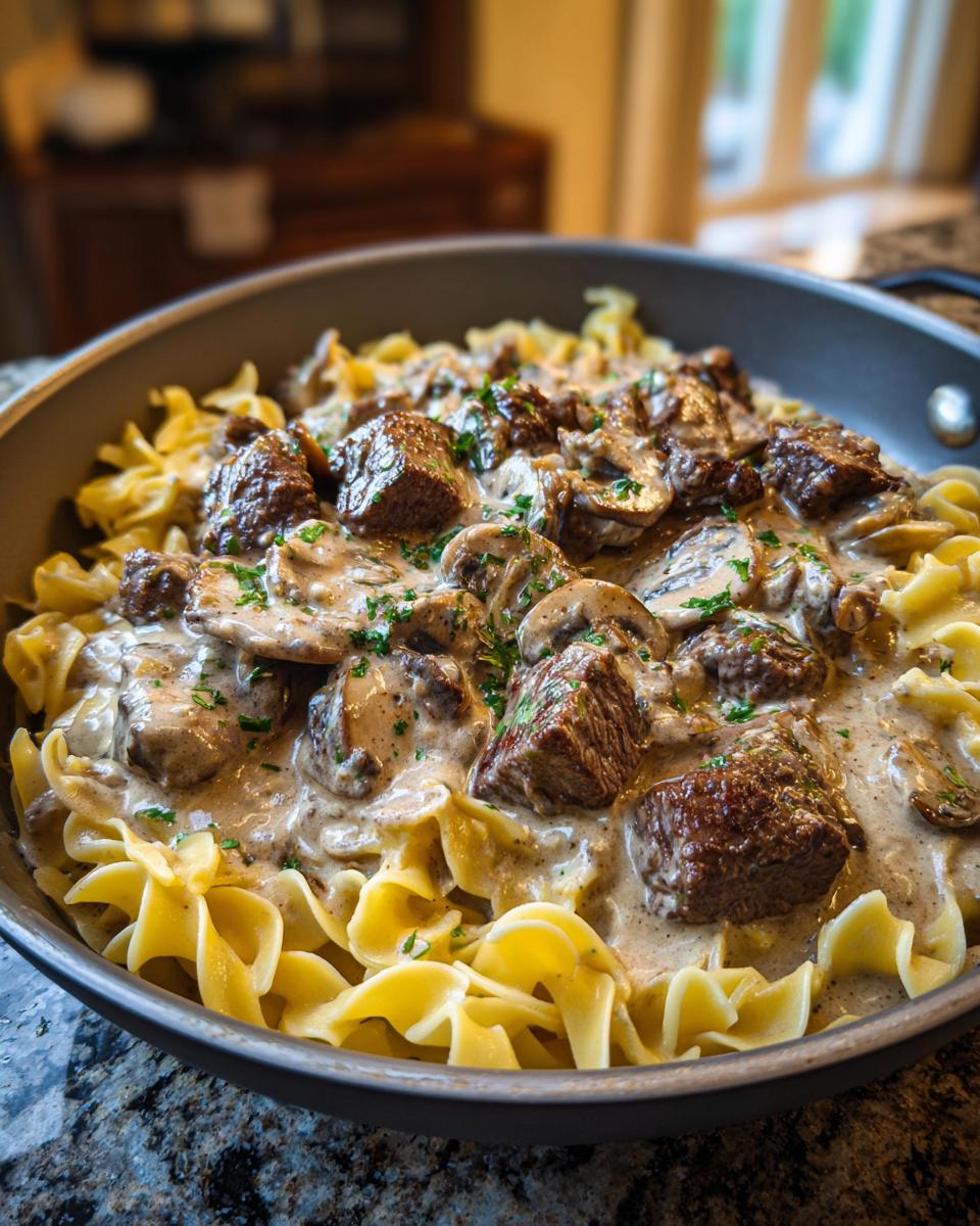 Close-up of a skillet filled with creamy Beef Stroganoff, featuring tender beef chunks, mushrooms, and egg noodles, garnished with parsley.