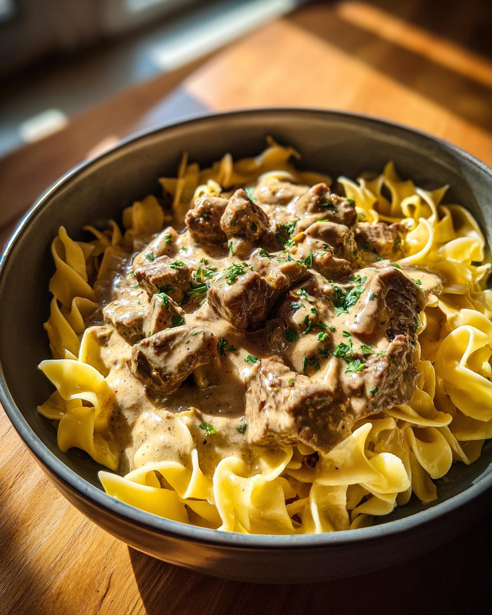 A close-up of a bowl filled with egg noodles topped with tender chunks of beef in a creamy stroganoff sauce, garnished with parsley.