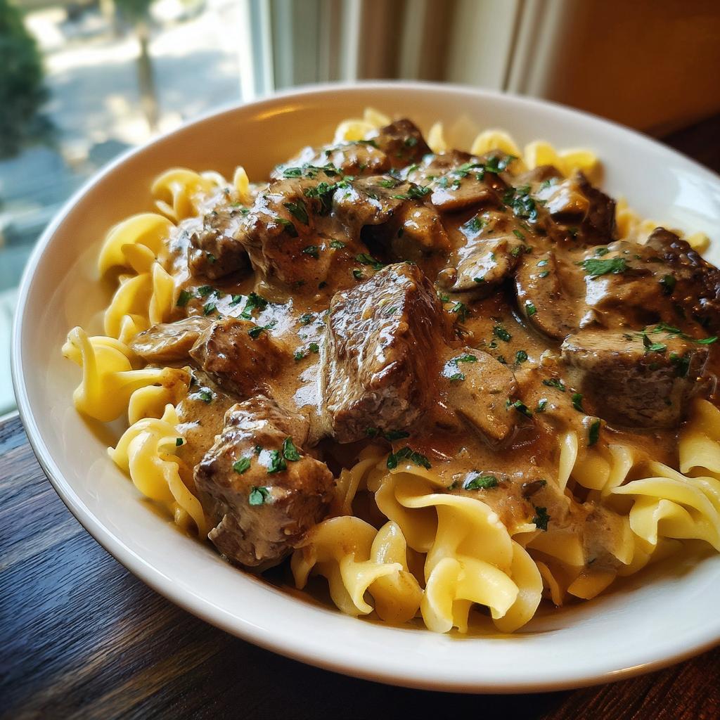 A close-up of a creamy beef stroganoff skillet meal served over egg noodles, garnished with parsley.