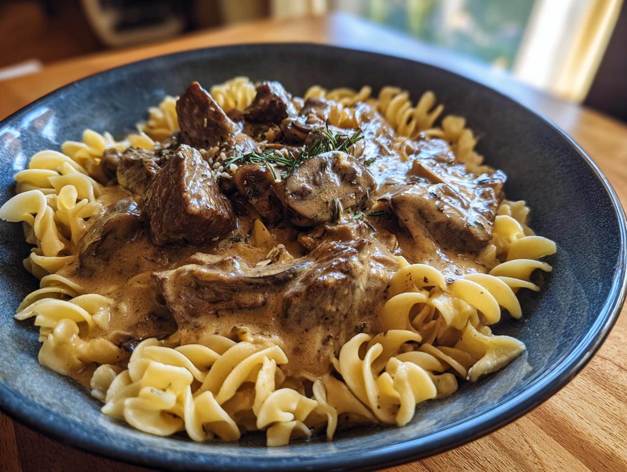 A close-up of a creamy beef stroganoff skillet meal served over fusilli pasta, featuring tender beef chunks and mushrooms in a rich sauce.
