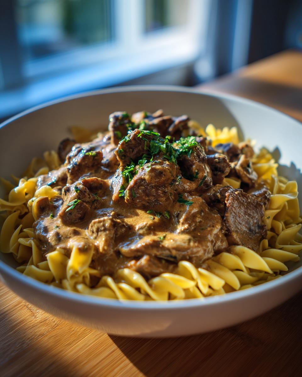 A close-up of a white bowl filled with creamy beef stroganoff served over egg noodles, garnished with fresh parsley.