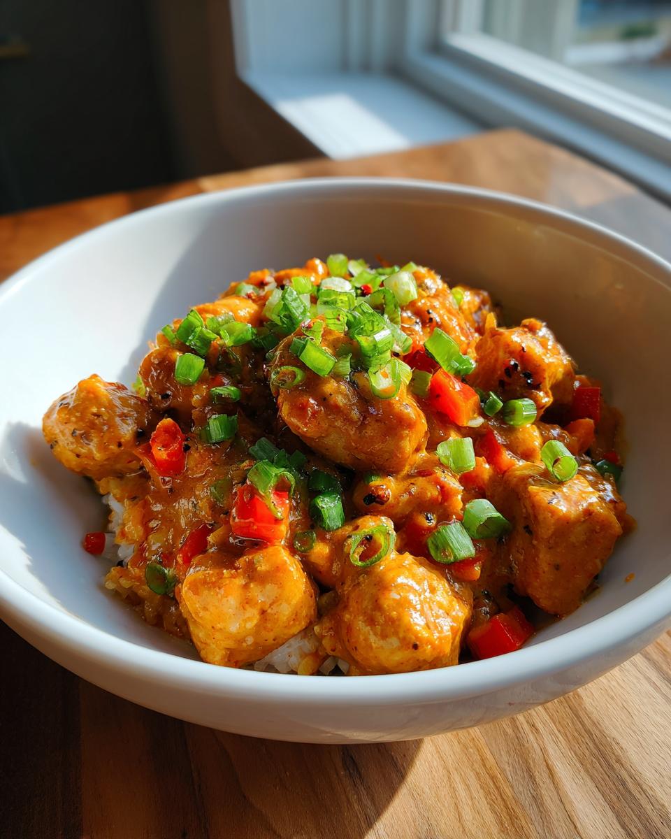 A close-up of a Creamy Cajun Chicken & Rice Bowl, featuring tender chicken pieces in a rich sauce over white rice, garnished with green onions and red peppers.