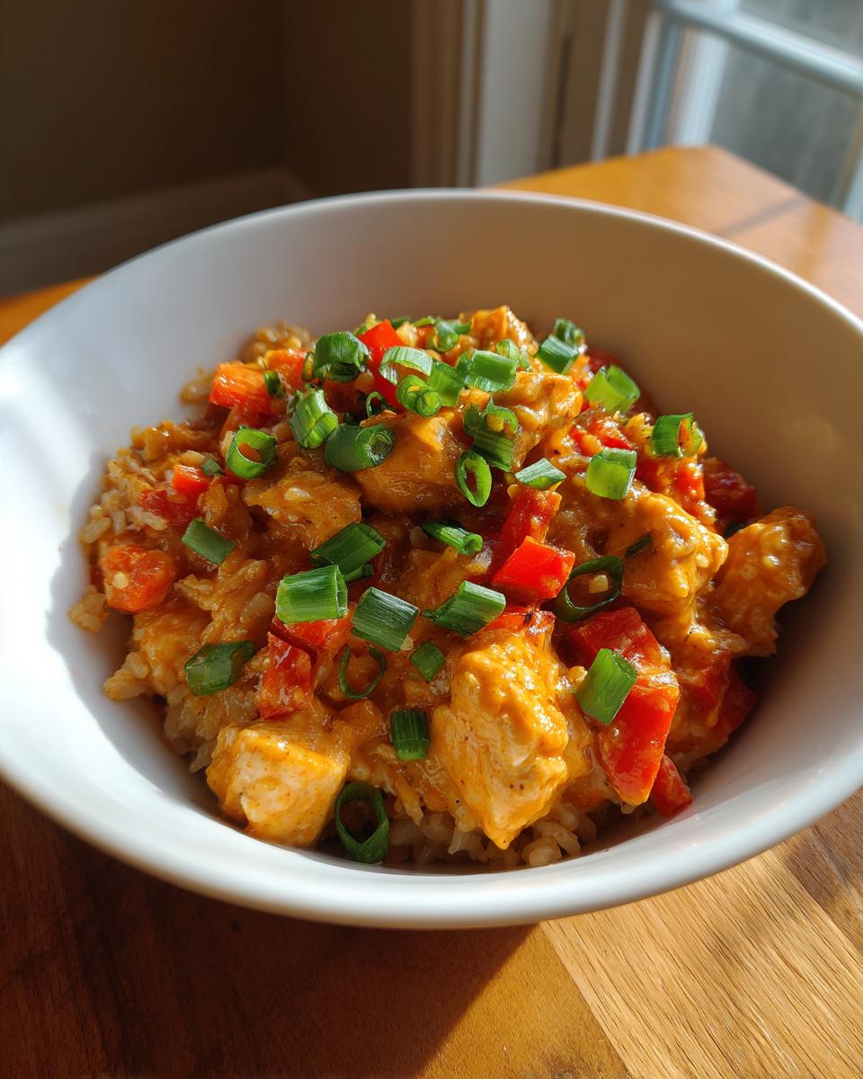 A close-up view of a Creamy Cajun Chicken & Rice Bowl, featuring tender chicken pieces and red bell peppers in a rich sauce over rice, garnished with green onions.