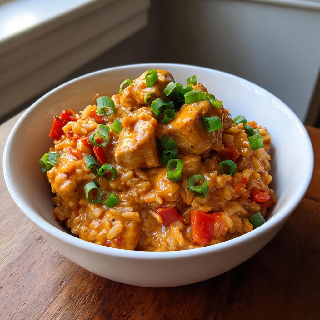 A bowl of Creamy Cajun Chicken & Rice Bowls topped with chopped green onions.
