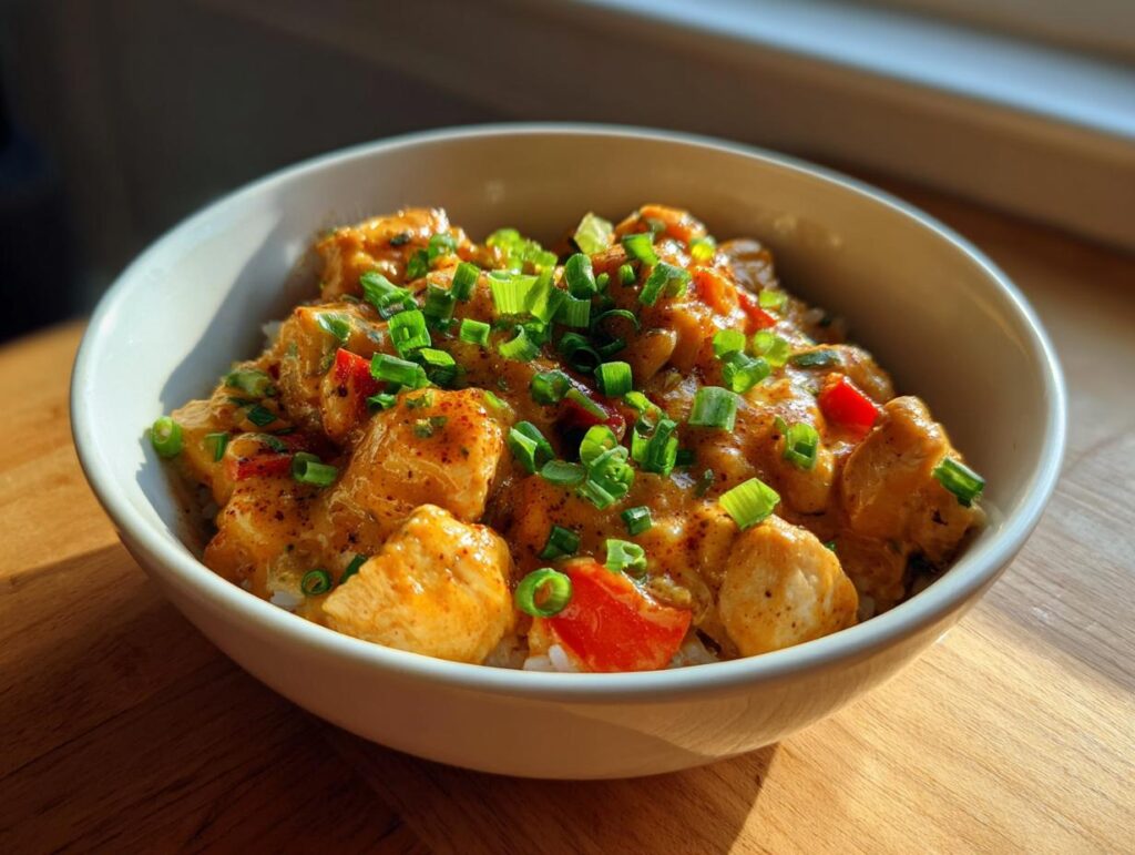 A bowl of Creamy Cajun Chicken & Rice Bowls topped with chopped green onions and red bell peppers.