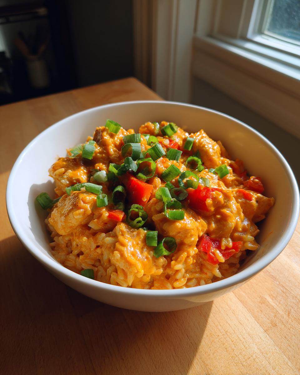 A bowl of Creamy Cajun Chicken & Rice Bowls topped with fresh green onions and red bell peppers.