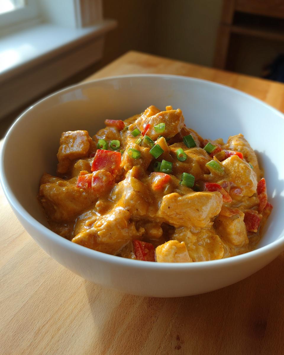 A bowl of Creamy Cajun Chicken & Rice Bowls, featuring tender chicken pieces in a rich sauce with red peppers and green onions.