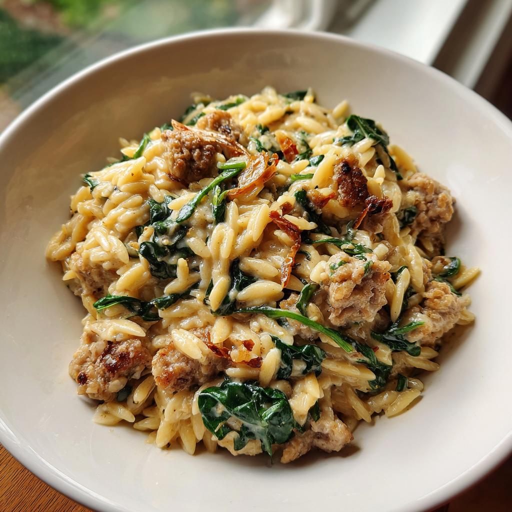 A close-up of a bowl of Creamy Chicken Sausage Orzo with wilted spinach and sun-dried tomatoes.
