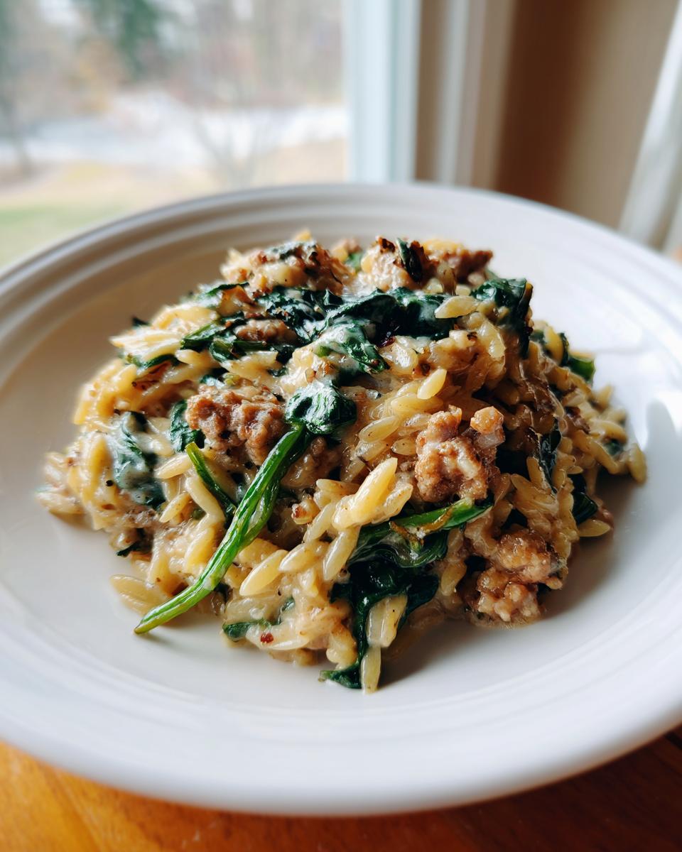 A bowl of creamy chicken sausage orzo pasta with wilted spinach.