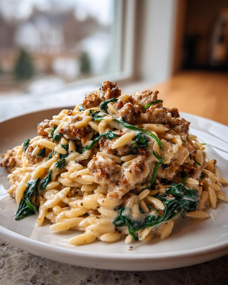 A close-up of a white plate filled with creamy chicken sausage orzo and wilted spinach.
