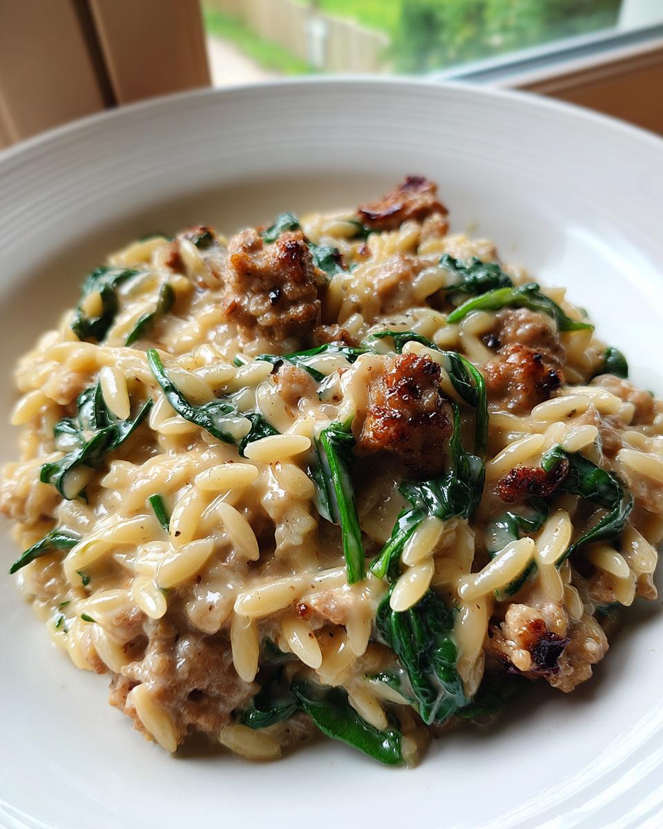 A close-up of a bowl of Creamy Chicken Sausage Orzo with wilted spinach and browned sausage pieces.