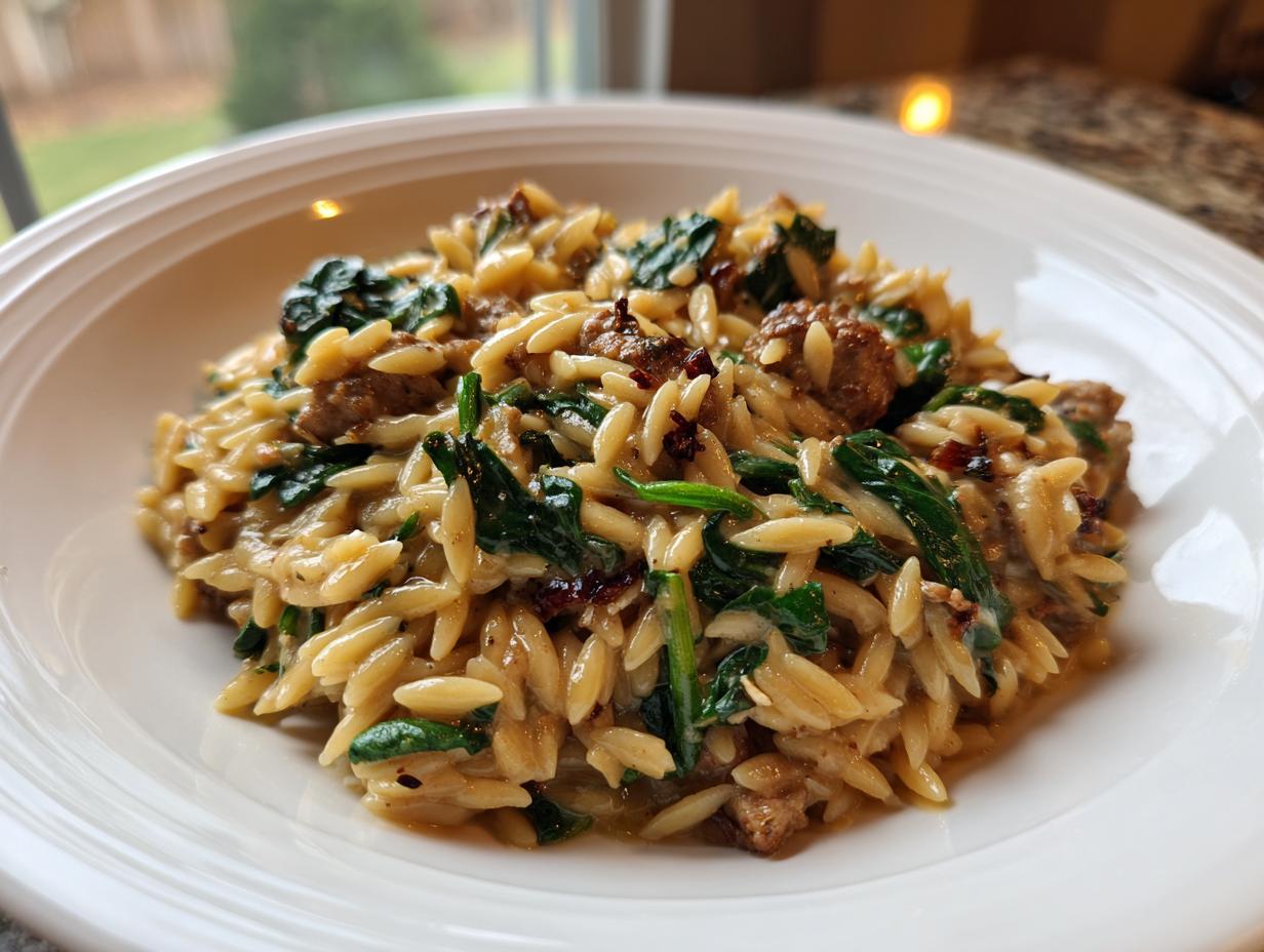 A close-up of a white bowl filled with creamy chicken sausage orzo pasta, featuring spinach and sun-dried tomatoes.