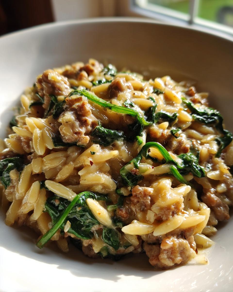 A close-up of a bowl filled with Creamy Chicken Sausage Orzo, featuring pasta, crumbled sausage, and wilted spinach.