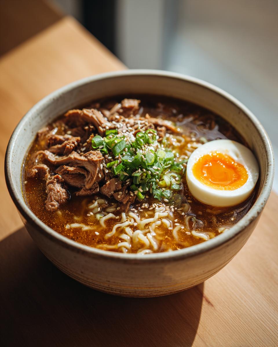 A close-up of a bowl of Creamy Garlic Chicken Ramen, featuring noodles, shredded chicken, a soft-boiled egg, and green onions.