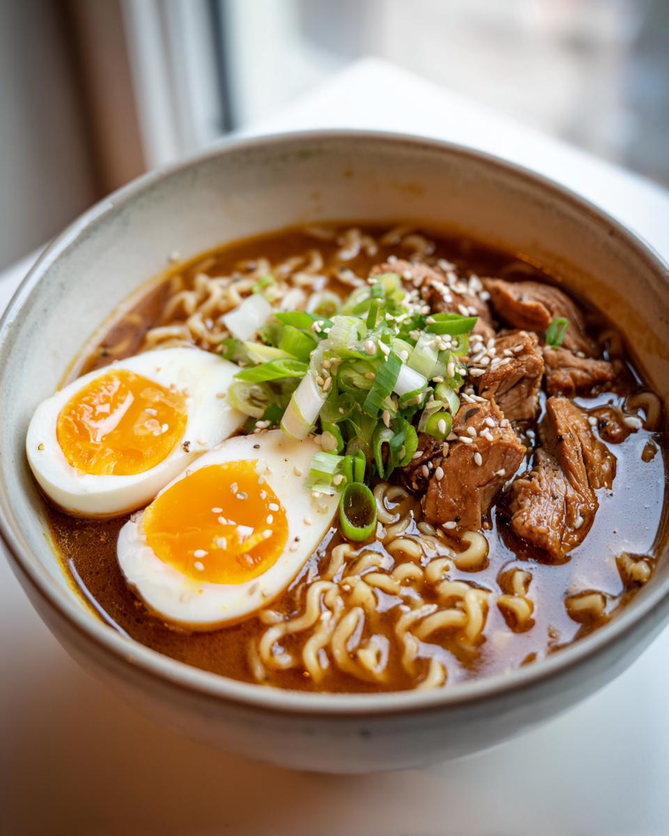 A close-up of a bowl of Creamy Garlic Chicken Ramen, featuring ramen noodles, tender chicken pieces, soft-boiled eggs, and green onions.