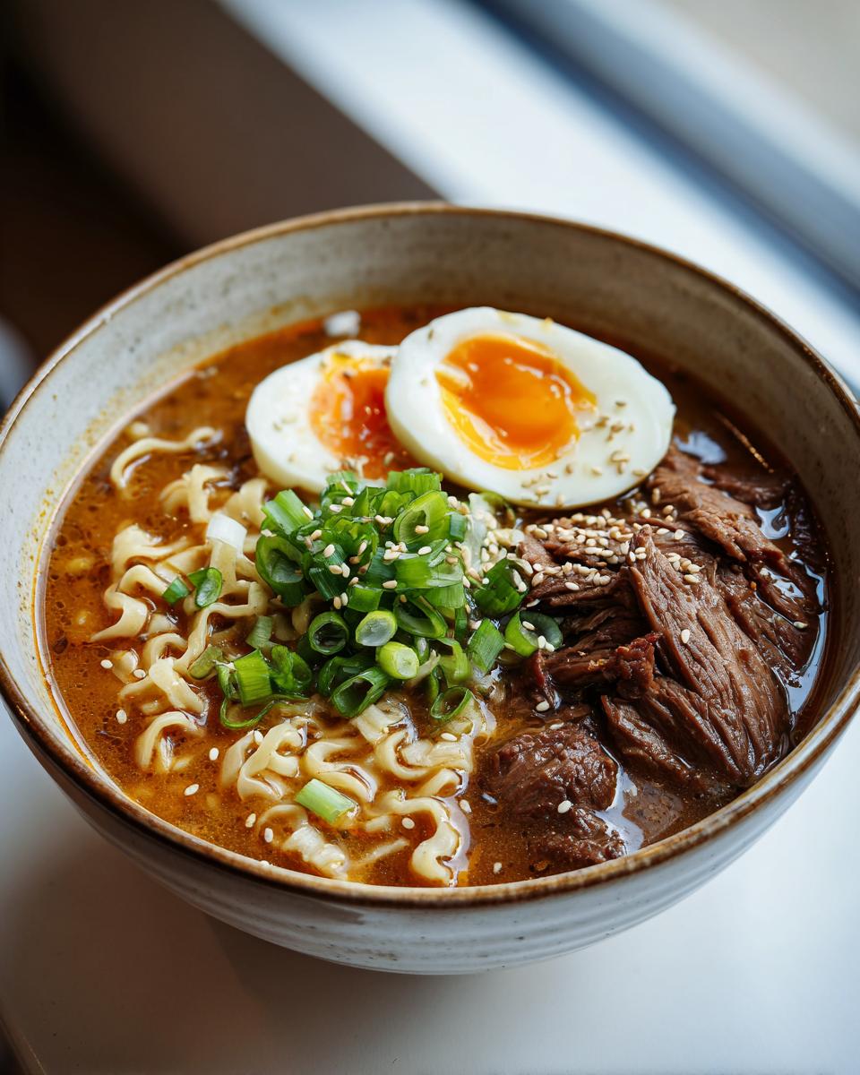 A close-up of a bowl of Creamy Garlic Chicken Ramen topped with a soft-boiled egg, shredded chicken, and green onions.