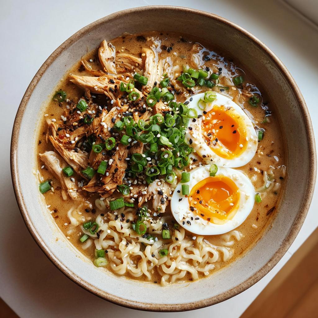 A bowl of Creamy Garlic Chicken Ramen topped with shredded chicken, chopped green onions, sesame seeds, and halved soft-boiled eggs.
