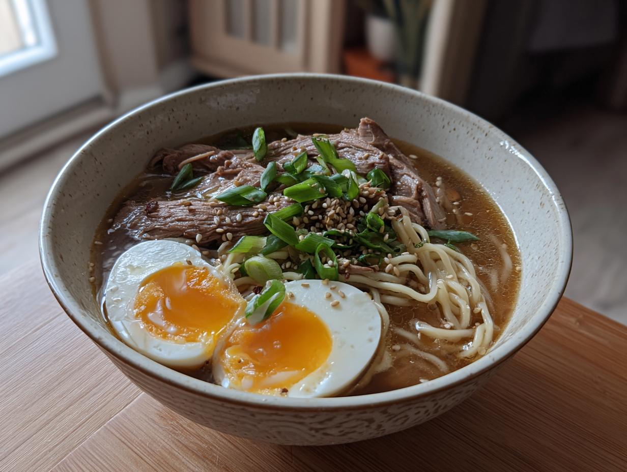 A bowl of Creamy Garlic Chicken Ramen topped with shredded chicken, green onions, sesame seeds, and a halved soft-boiled egg.