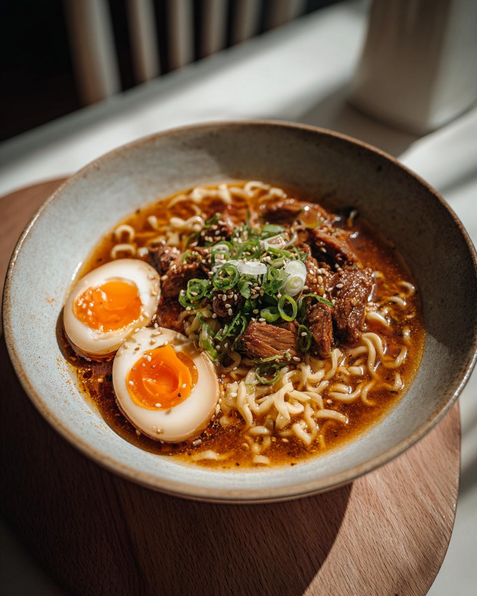 A bowl of Creamy Garlic Chicken Ramen topped with sliced soft-boiled eggs, tender chicken, and green onions.