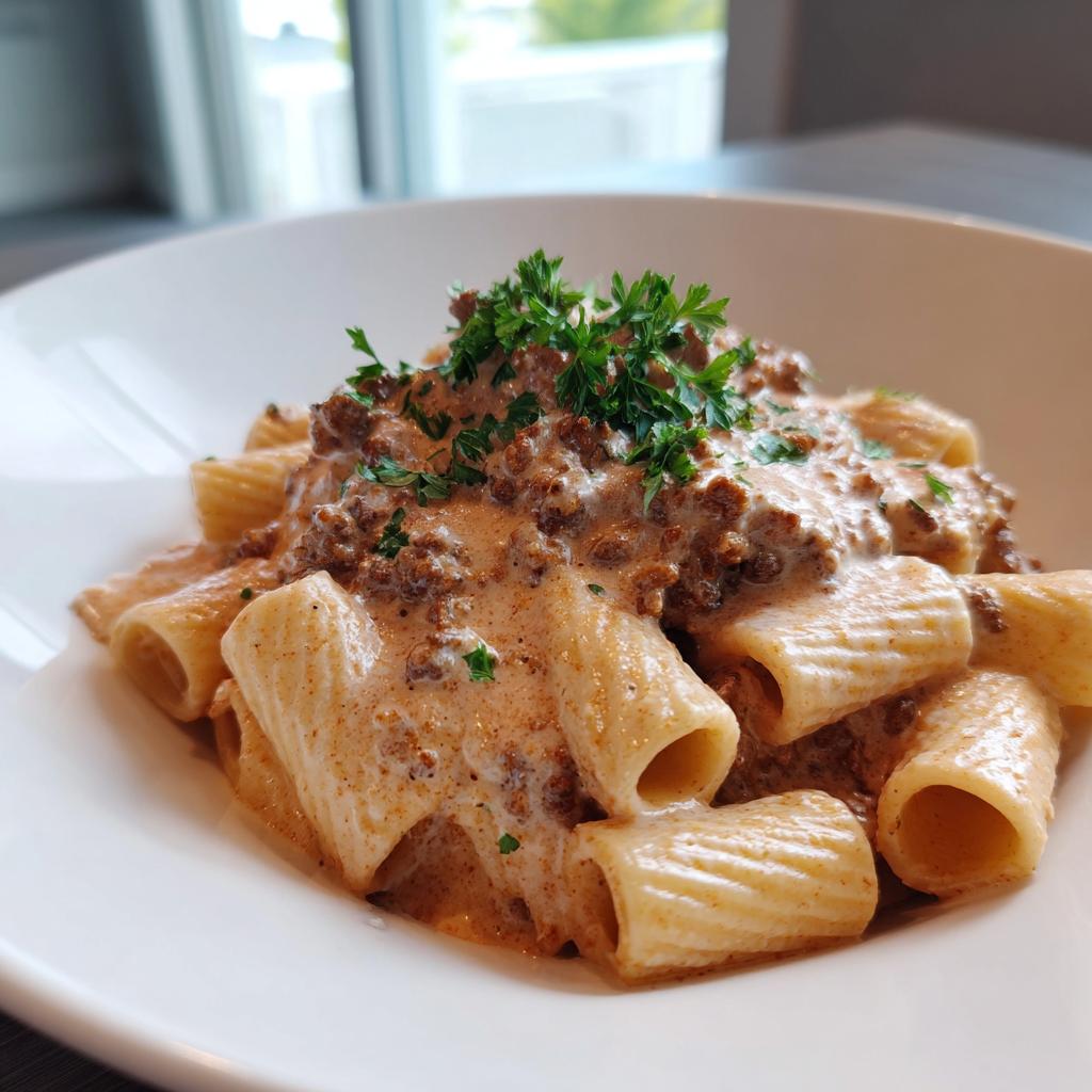 A close-up of Creamy High Protein Beef Pasta, featuring rigatoni noodles coated in a rich sauce with ground beef, garnished with fresh parsley.