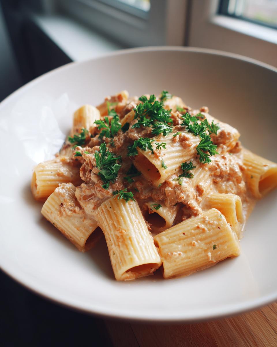 A close-up of Creamy High Protein Beef Pasta in a white bowl, garnished with fresh parsley.