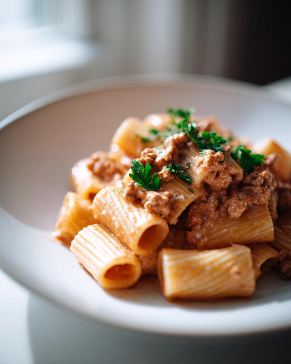 Close-up of Creamy High Protein Beef Pasta with rigatoni noodles and a rich beef sauce, garnished with fresh parsley.