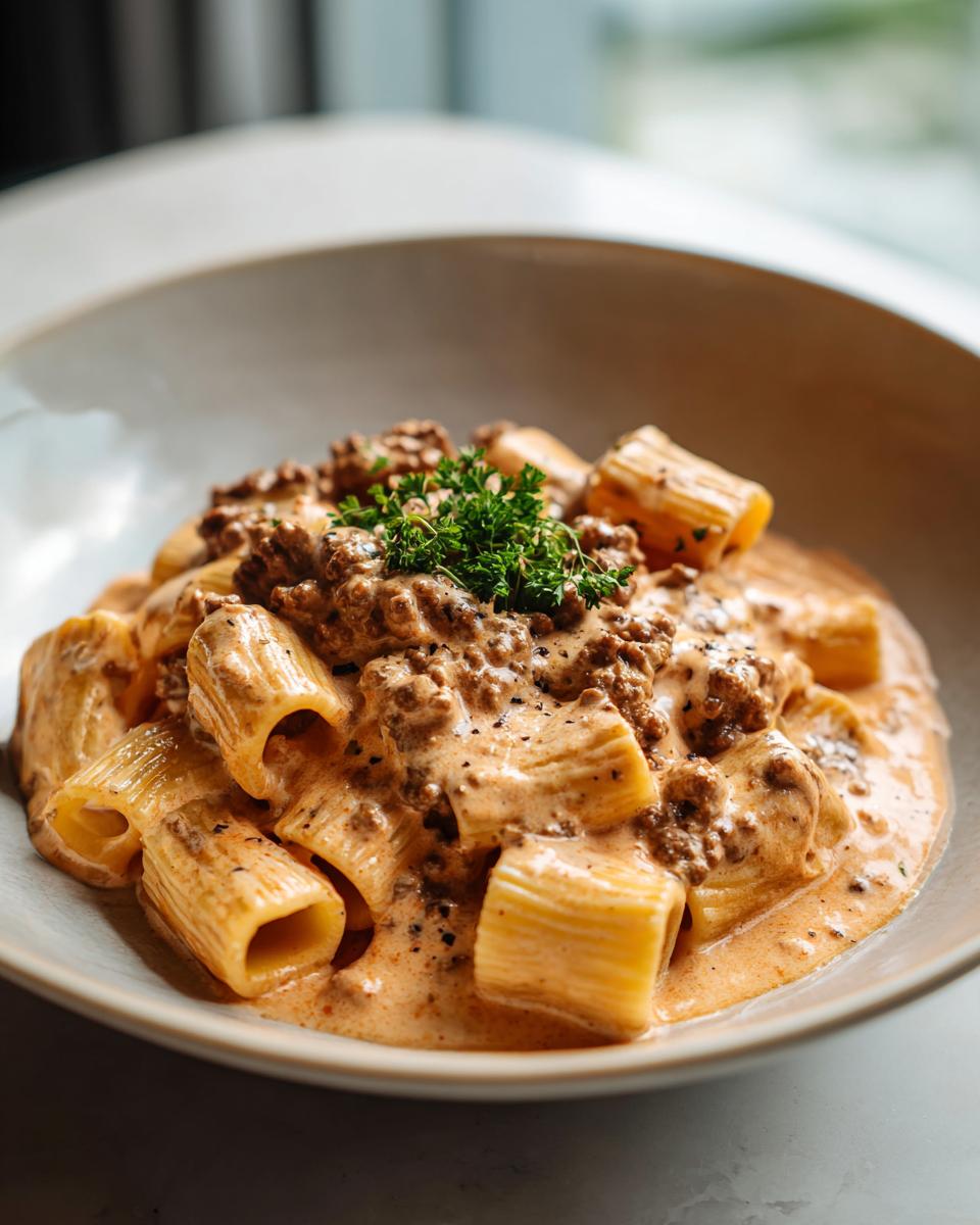 A close-up of Creamy High Protein Beef Pasta in a bowl, featuring rigatoni pasta coated in a rich sauce with ground beef and garnished with parsley.
