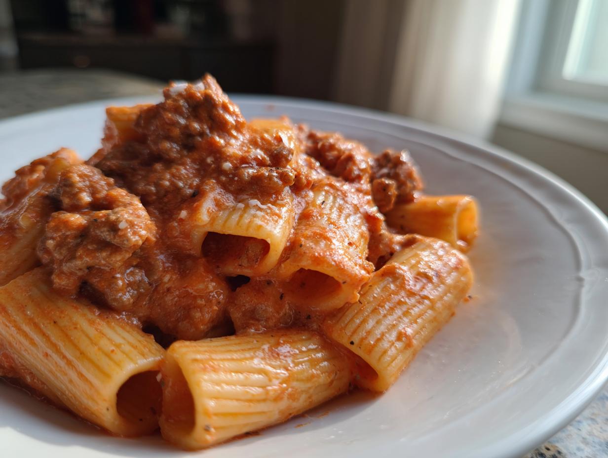 A close-up of a white bowl filled with Creamy High Protein Beef Pasta, featuring rigatoni noodles coated in a rich meat sauce.