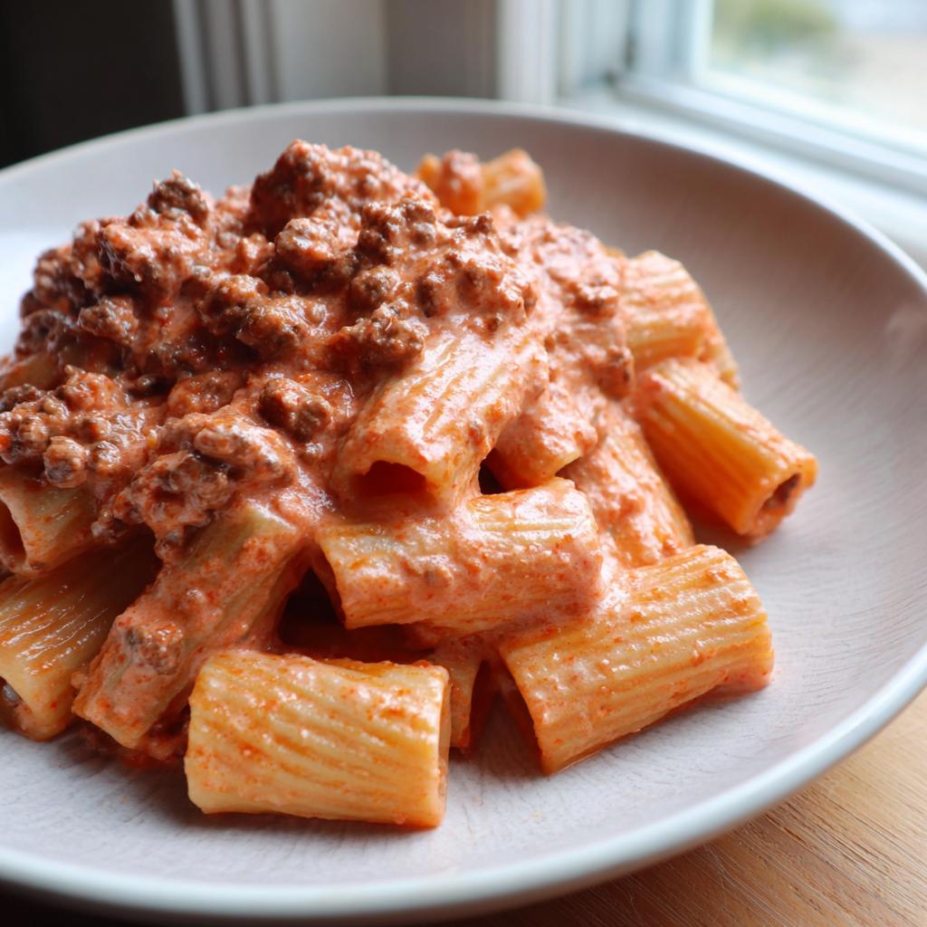 A close-up of creamy high protein beef pasta, featuring rigatoni noodles coated in a rich, meaty sauce.