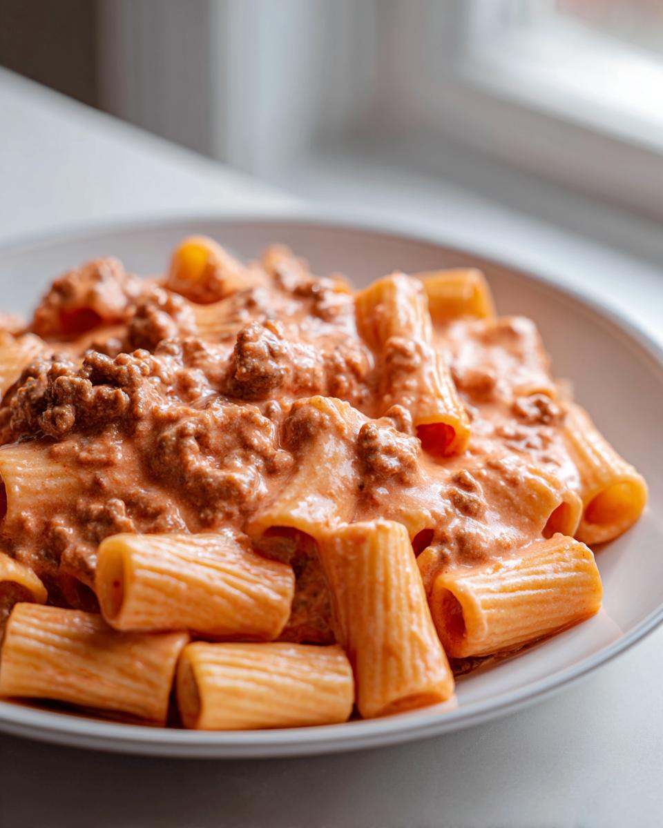 A close-up of rigatoni pasta coated in a rich, creamy beef sauce, showcasing the Creamy High Protein Beef Pasta.