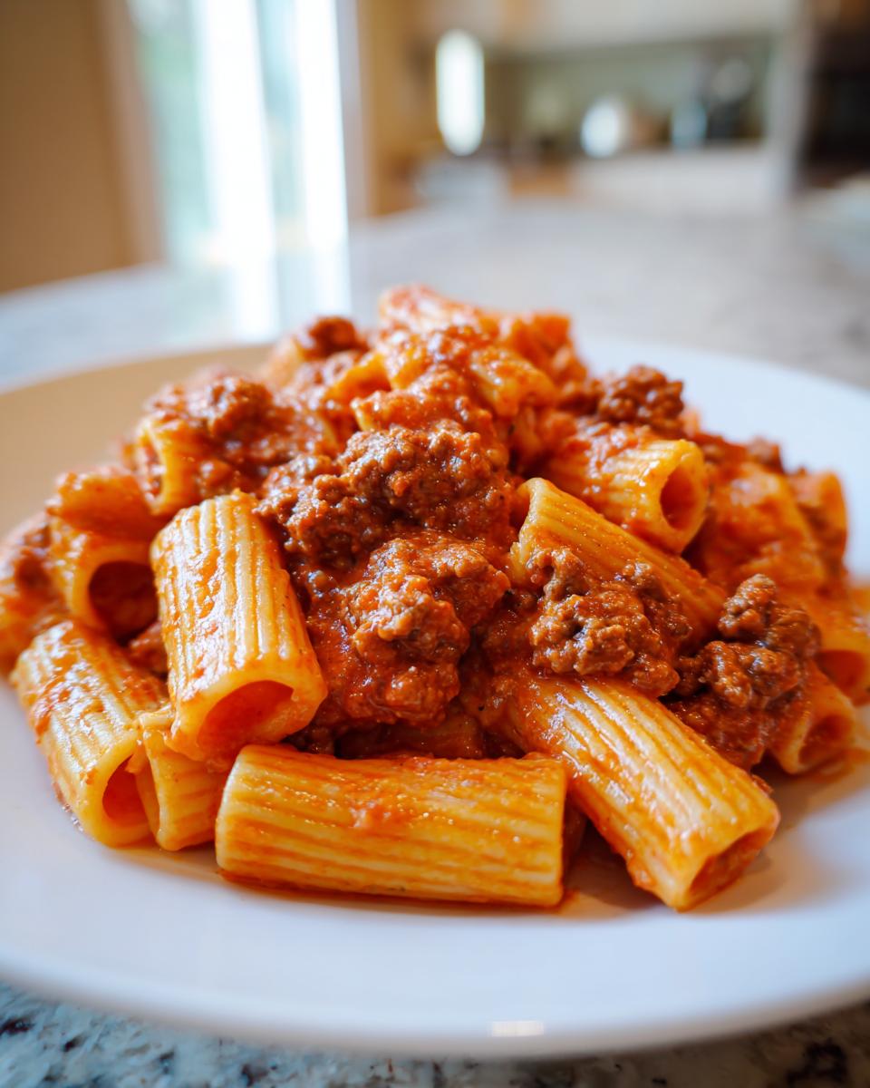 A close-up of a white plate filled with creamy high protein beef pasta, featuring rigatoni noodles coated in a rich, meaty tomato sauce.