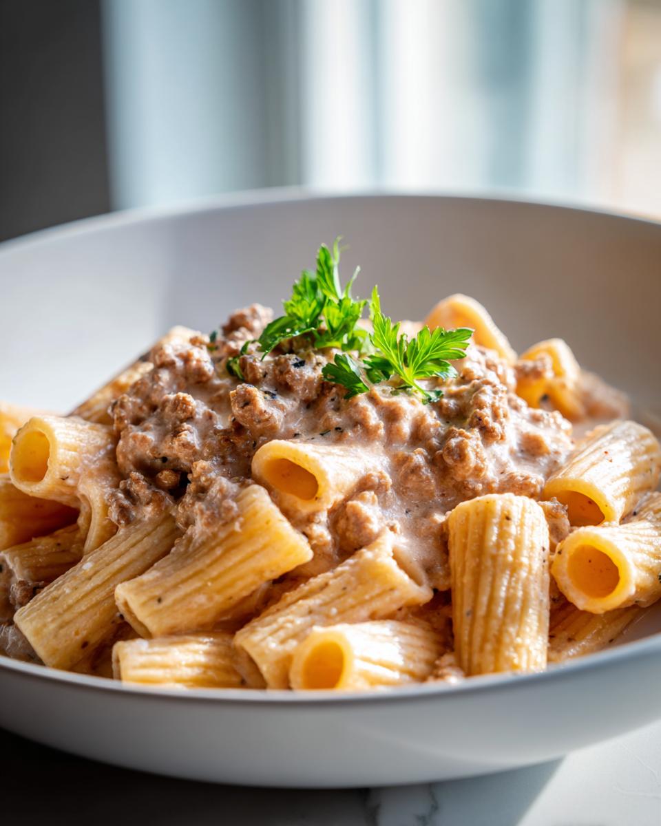 Close-up of a bowl filled with Creamy High Protein Beef Pasta, garnished with fresh parsley.