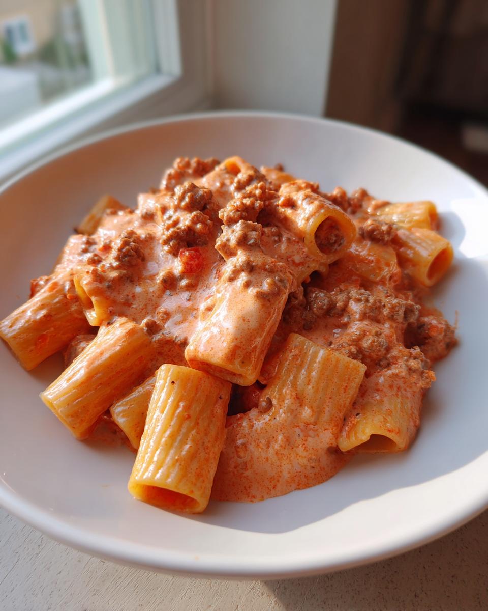 A close-up of a bowl of rigatoni pasta coated in a rich, creamy beef sauce, showcasing the texture and color of the Creamy High Protein Beef Pasta.