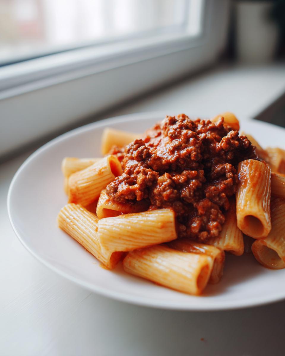A close-up of a white plate filled with rigatoni pasta topped with a generous portion of creamy high protein beef pasta sauce.