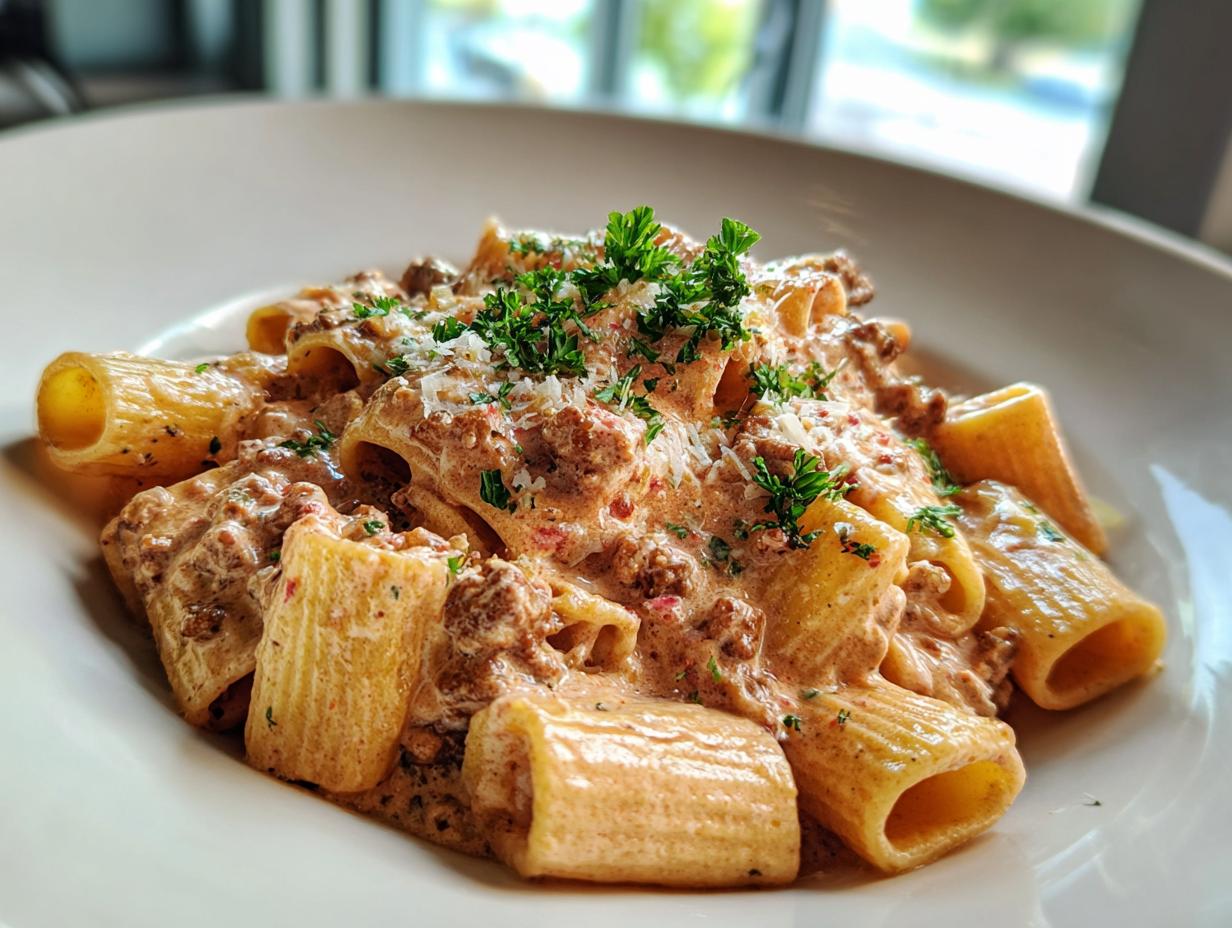 A close-up of Creamy High Protein Beef Pasta with rigatoni noodles, ground beef, and a rich sauce, garnished with parsley and Parmesan.