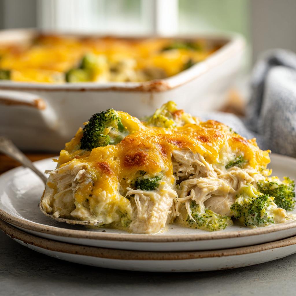 A serving of Creamy Low Carb Chicken Casserole with shredded chicken, broccoli florets, and melted golden cheese.