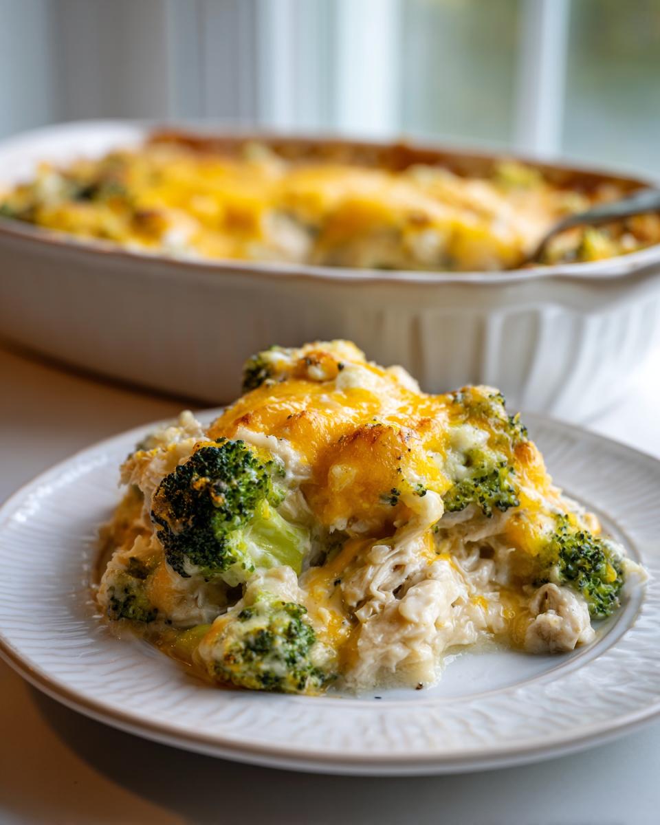 A serving of Creamy Low Carb Chicken Casserole with broccoli and melted cheddar cheese on a white plate.