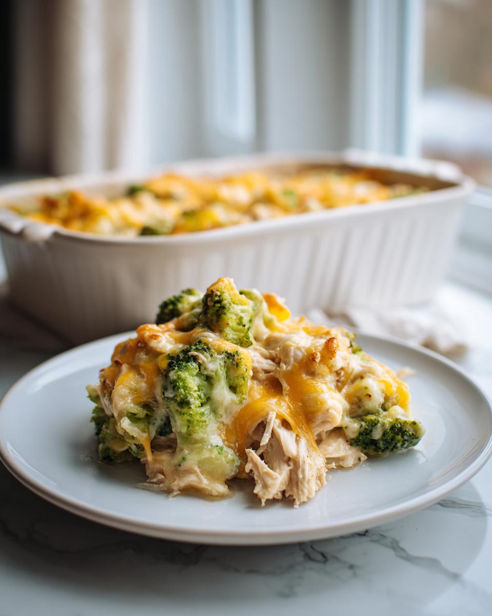 A serving of Creamy Low Carb Chicken Casserole with tender chicken, broccoli florets, and melted cheddar cheese.
