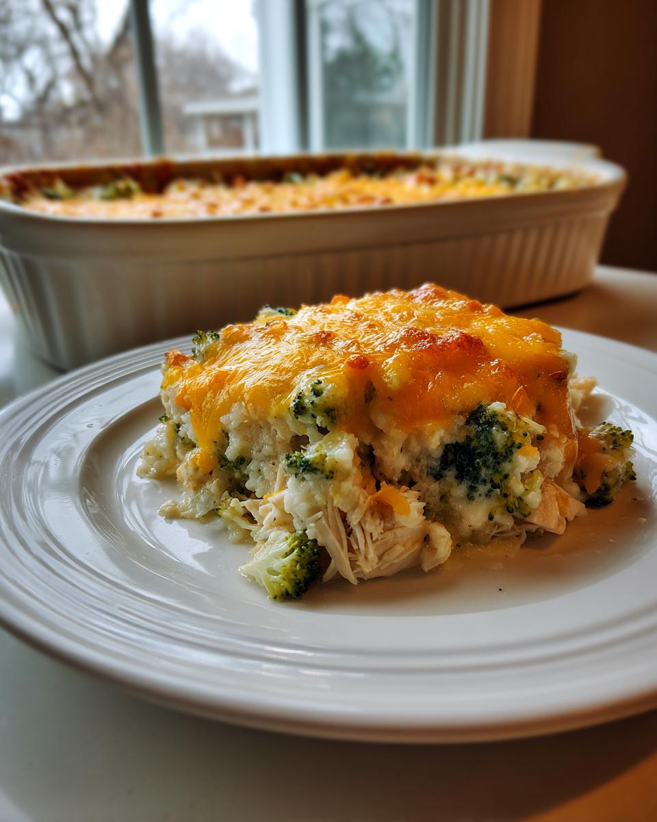 A serving of Creamy Low Carb Chicken Casserole with broccoli and melted cheddar cheese on a white plate.