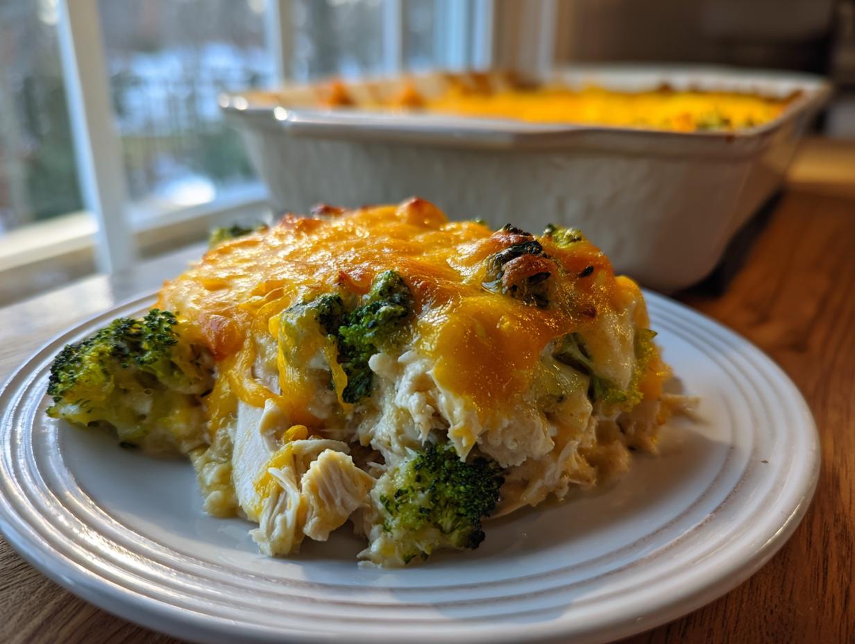 A serving of creamy low carb chicken casserole with broccoli and melted cheese on a white plate.