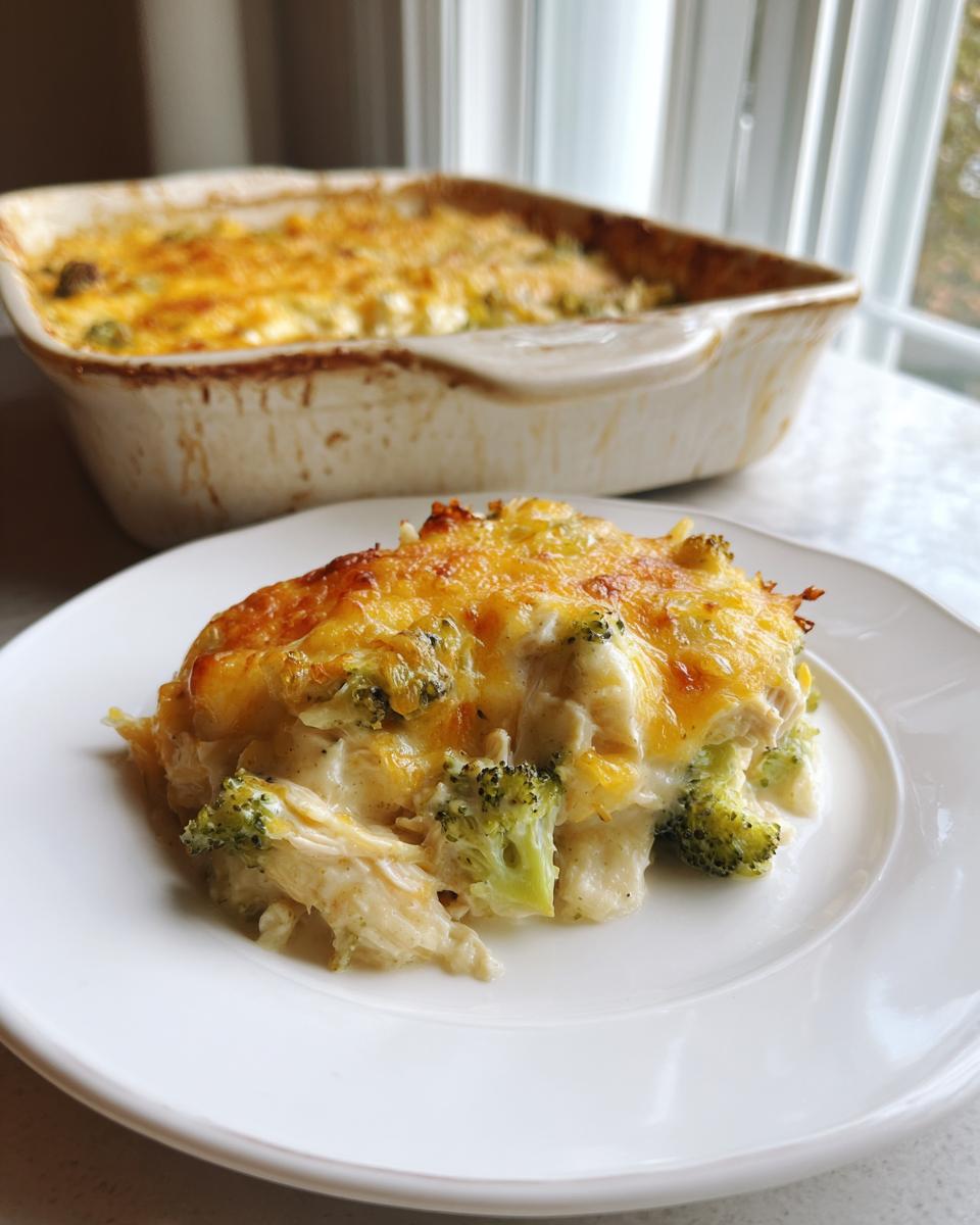 A serving of creamy low carb chicken casserole with broccoli and melted cheese on a white plate.