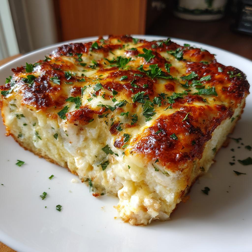 A delicious slice of Creamy Low Carb Chicken Casserole, topped with melted cheese and fresh parsley.
