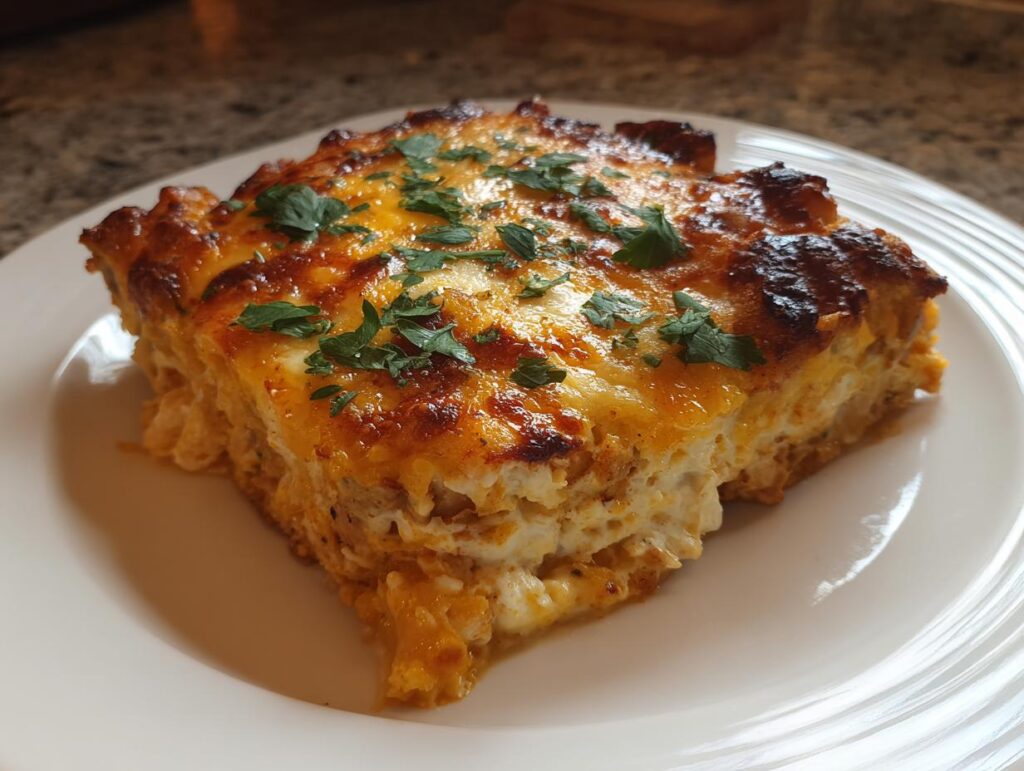 A slice of Creamy Low Carb Chicken Casserole topped with melted cheese and fresh parsley.