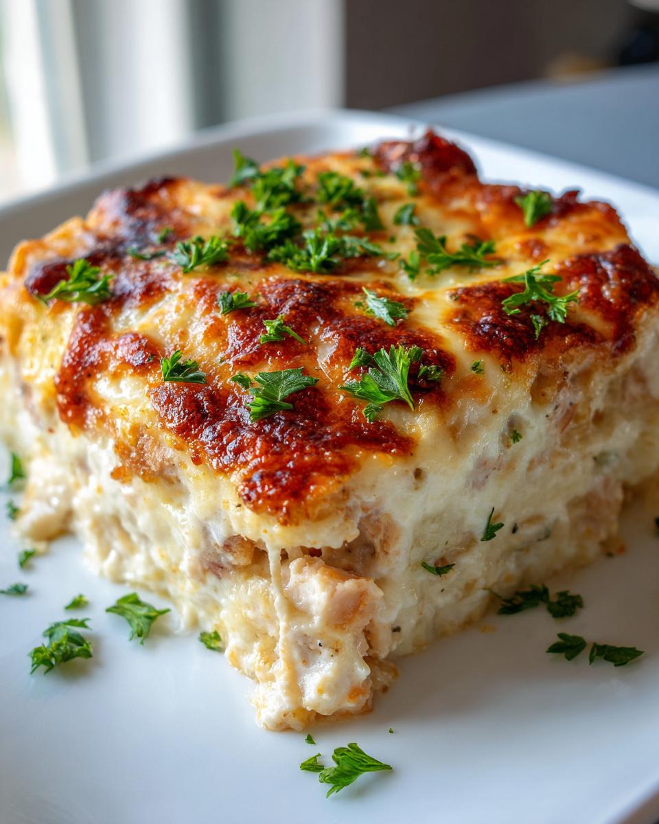 A close-up of a slice of Creamy Low Carb Chicken Casserole, topped with melted cheese and parsley.