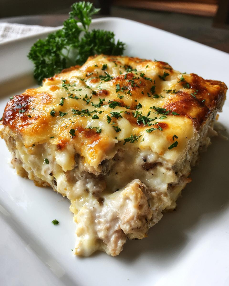 A delicious slice of Creamy Low Carb Chicken Casserole, topped with melted cheese and parsley.