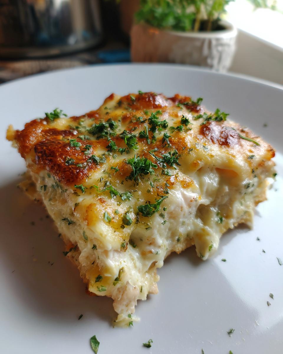 A close-up of a slice of Creamy Low Carb Chicken Casserole, showing melted cheese and herbs.