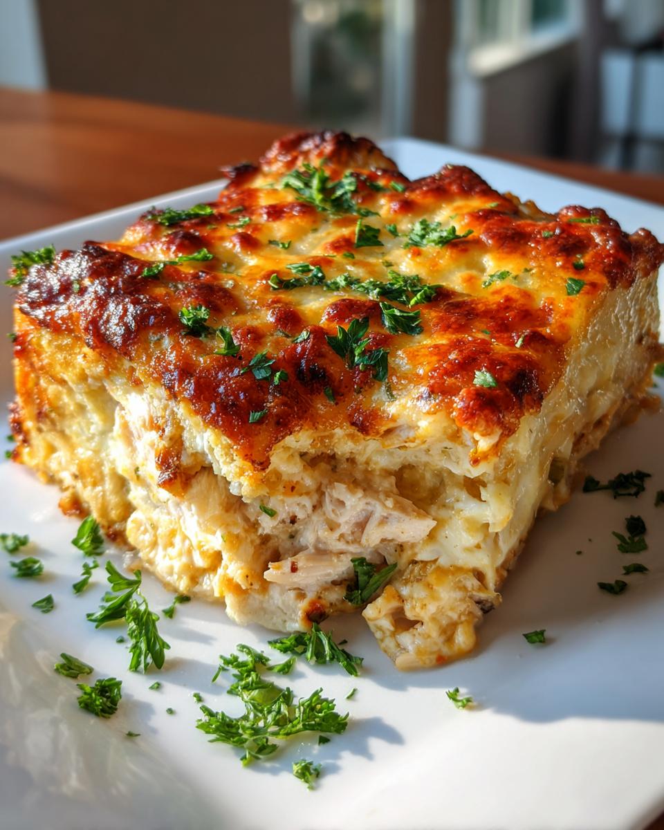 A delicious slice of Creamy Low Carb Chicken Casserole, topped with melted cheese and fresh parsley.