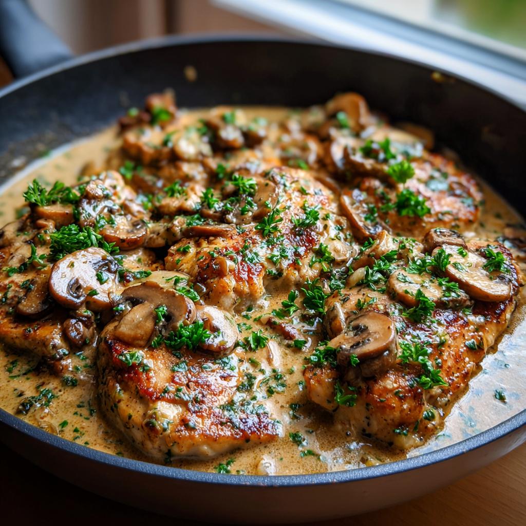 Close-up of pan-seared chicken breasts in a creamy mushroom skillet sauce, garnished with parsley.