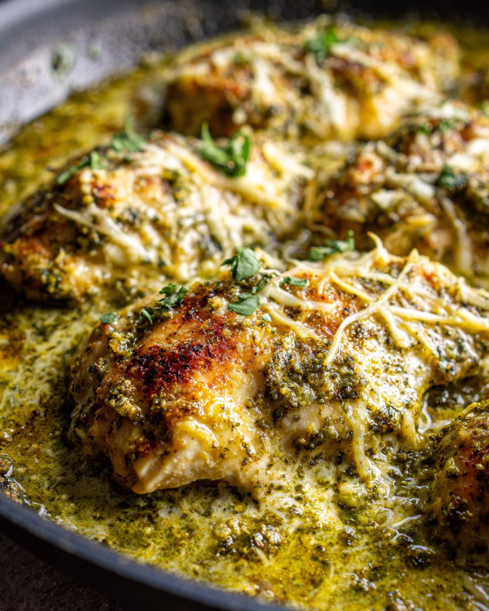 Close-up of pan-seared chicken breasts in a creamy pesto sauce, topped with melted cheese and herbs.